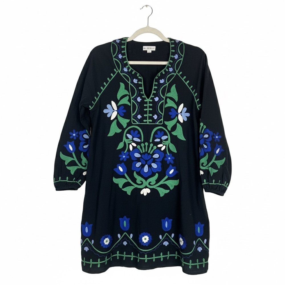 Roller Rabbit Embroidered Linen Blend Black Floral Tunic Dress XS